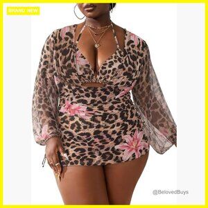 Plus Size 3-Piece Bikini Set with Halter Top and Sheer Cover Up